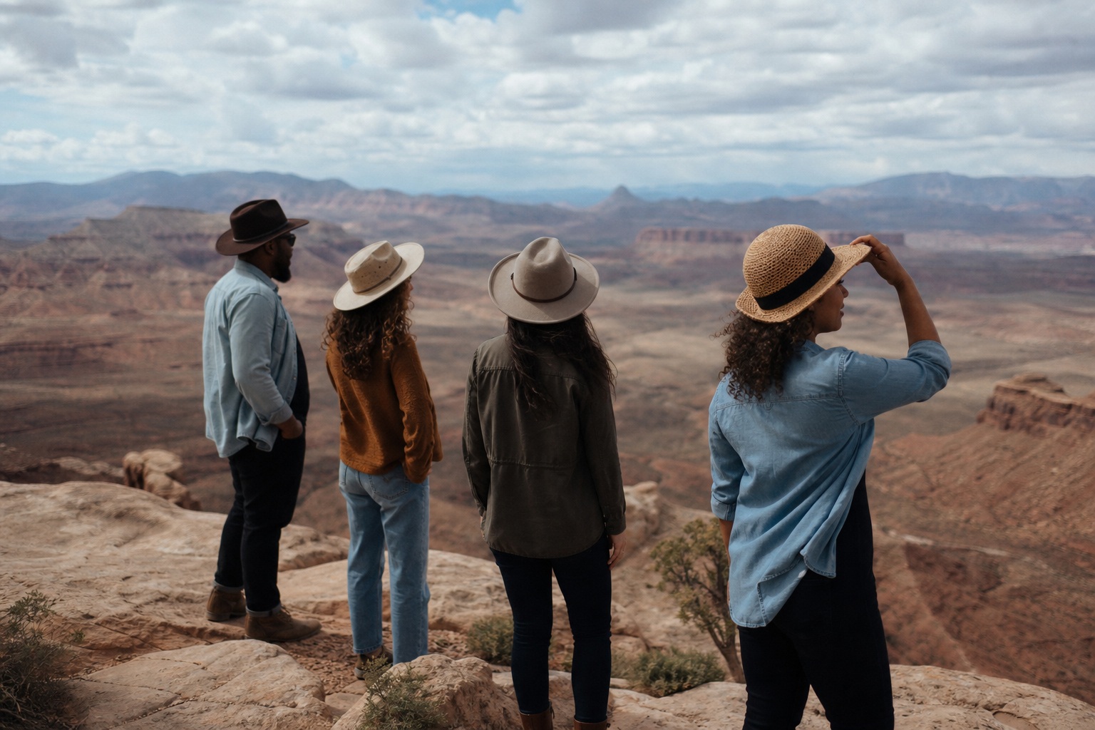 Four people in hats standing at a desert overlook and looking across the canyon.
