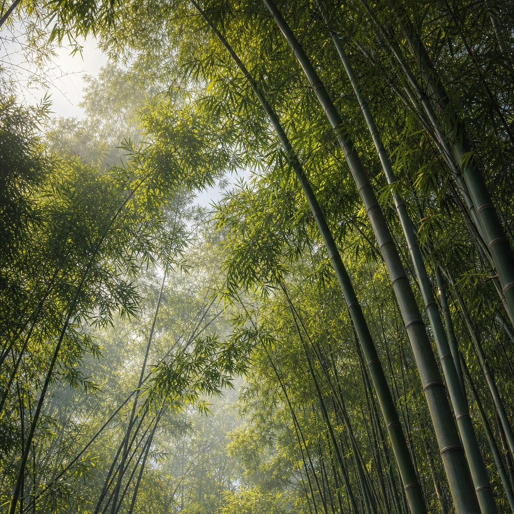 Looking up through a misty bamboo grove with tall green stalks and soft dawn light