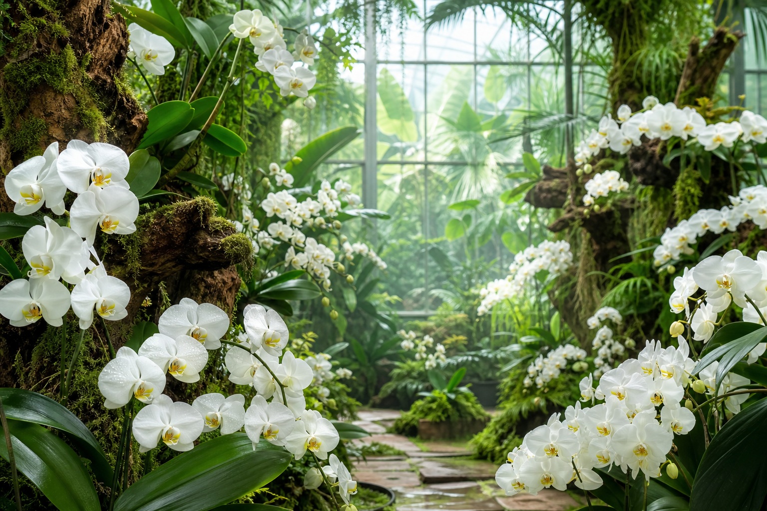 White orchids and tropical greenery framing a garden path in a greenhouse