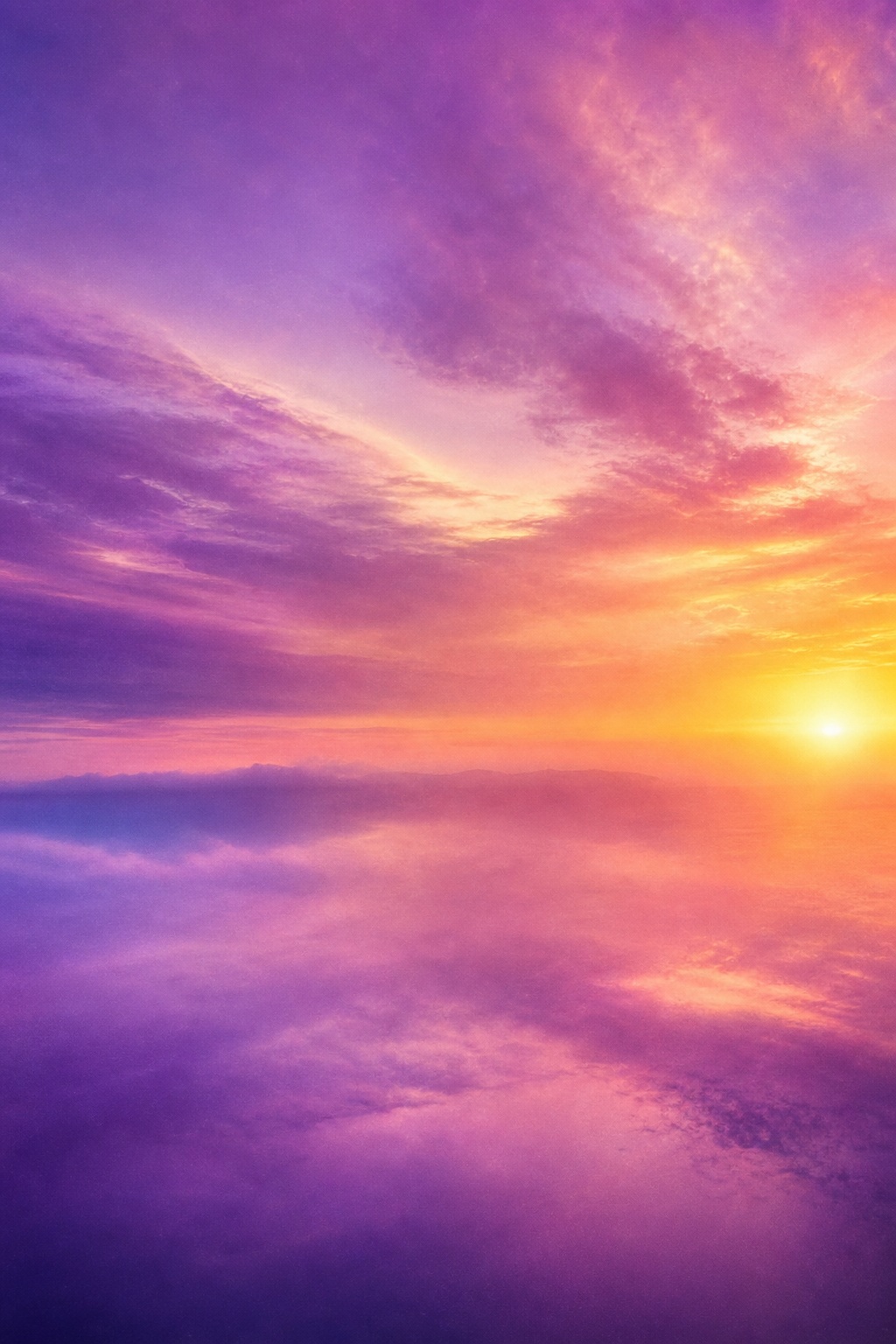 Violet and pink sunrise gradient with a bright warm glow over a blurred reflective horizon