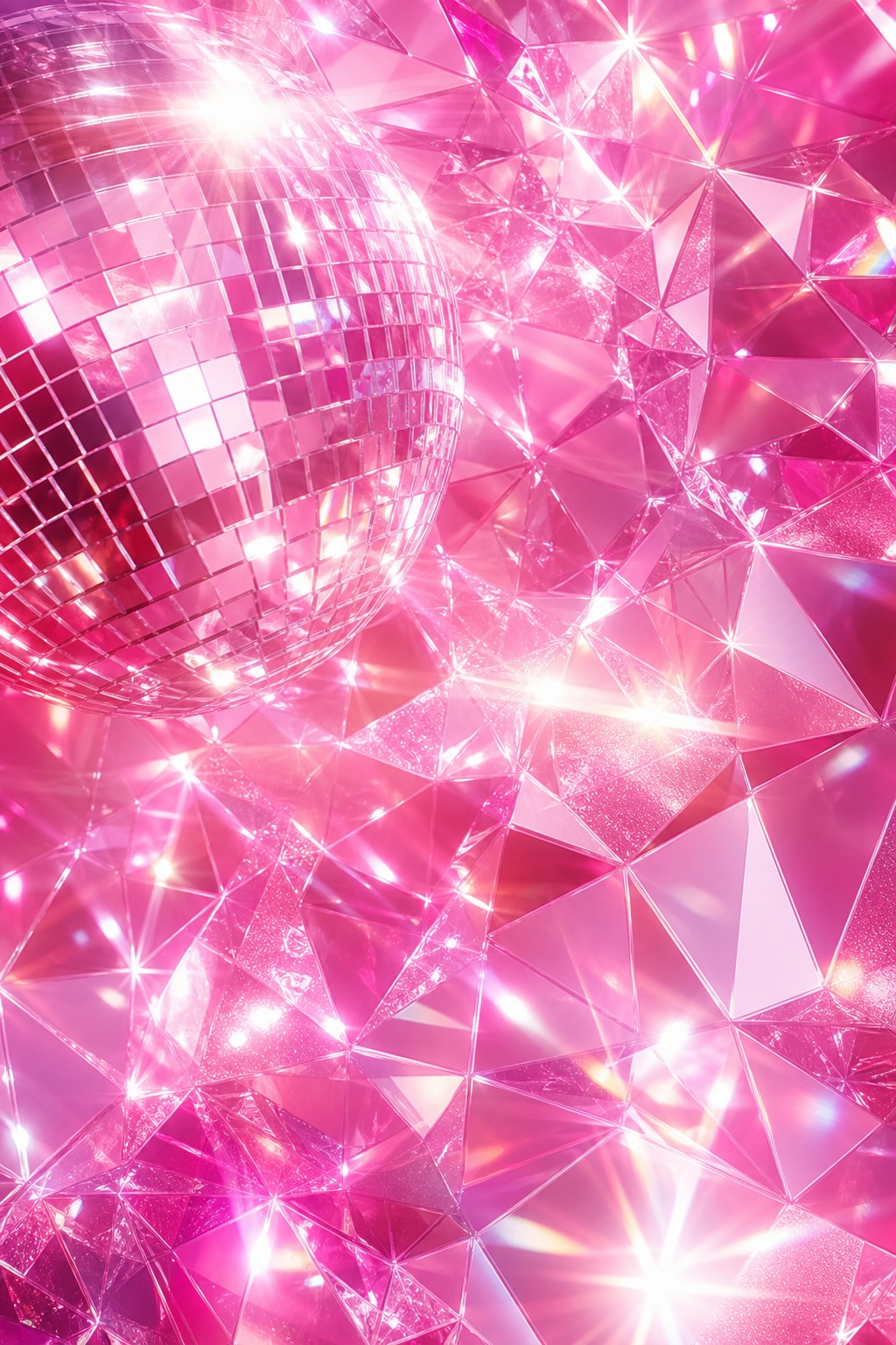 Pink disco ball with sparkling prismatic light and faceted reflections.