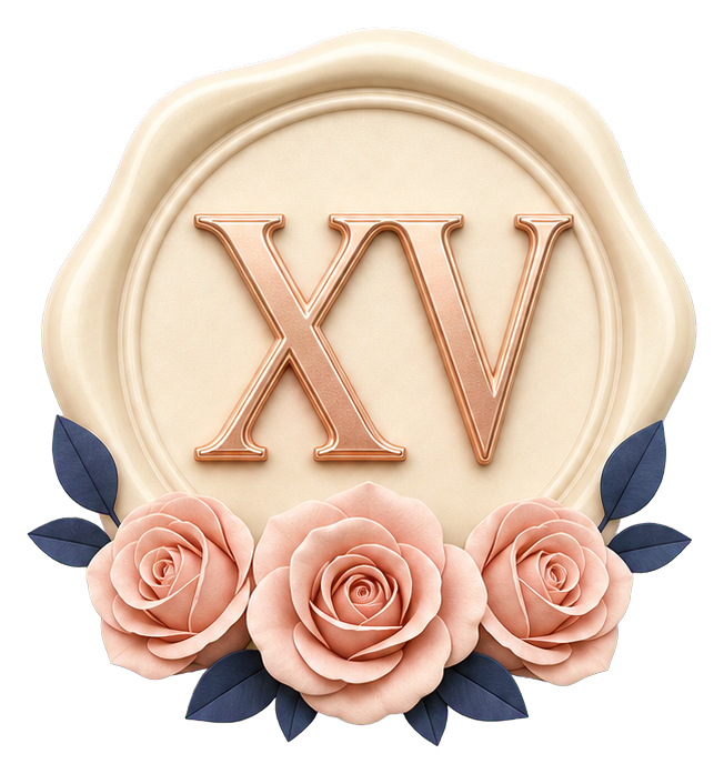 Cream circular XV seal with rose accents and dark leaves