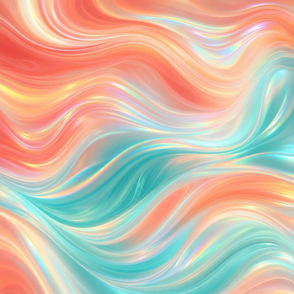 Soft coral, aqua, and pearl abstract waves flowing across a luminous background.