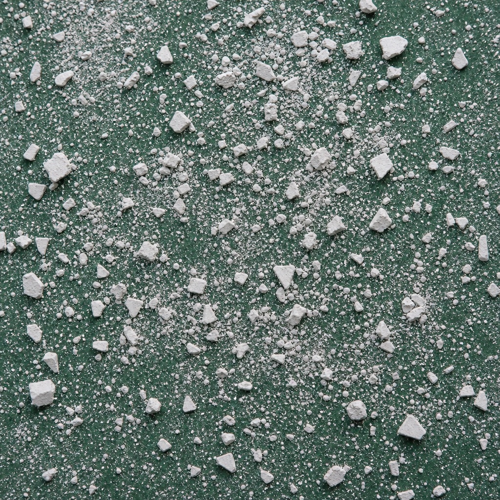 Square green background covered with scattered white chalk crumbs