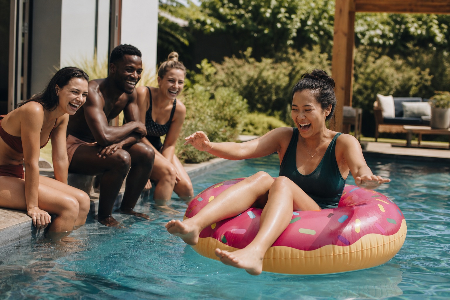 Friends laughing beside a pool as a woman sits on a pink inflatable float.