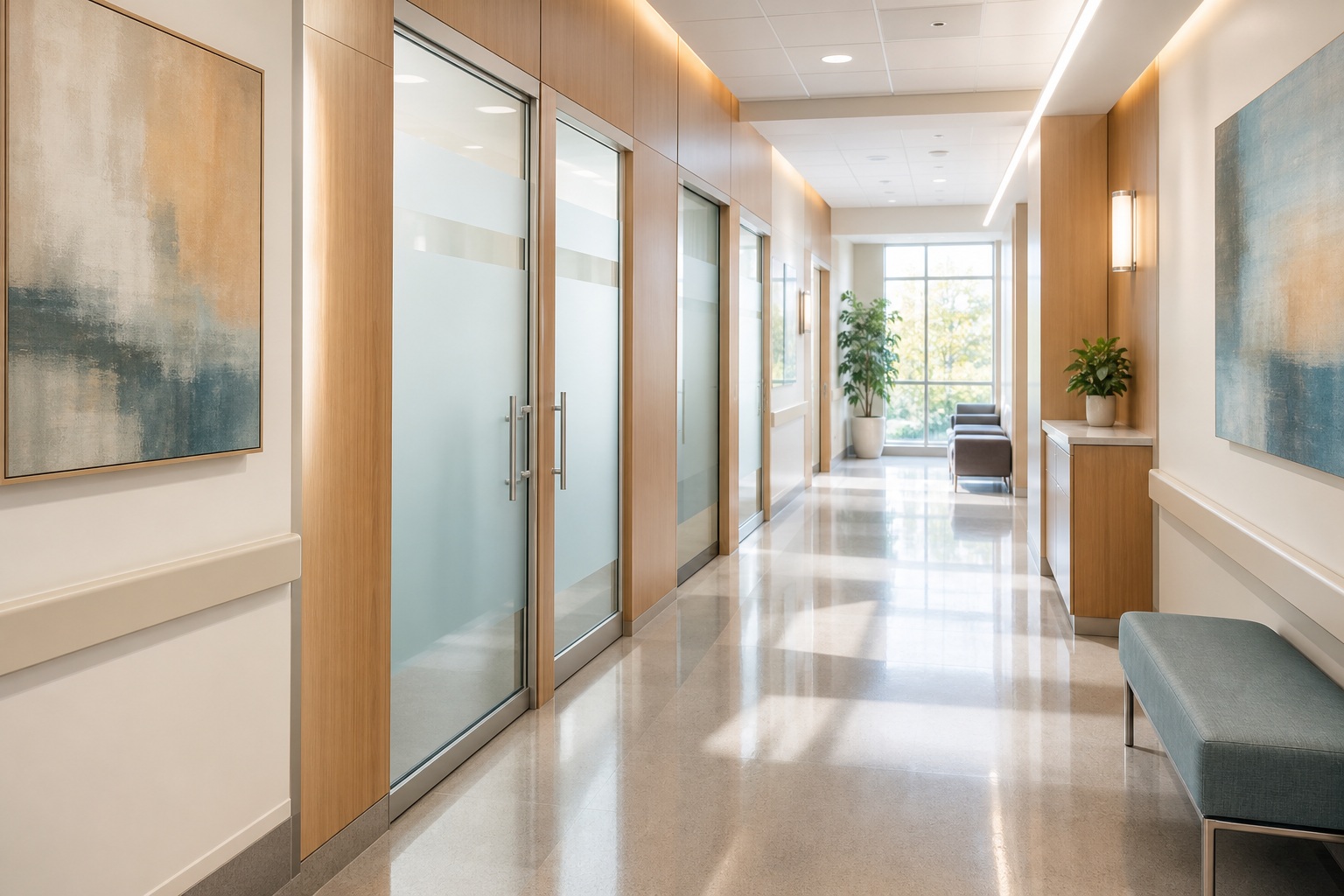 Bright modern clinic hallway with glass doors, wood accents, and polished floor.