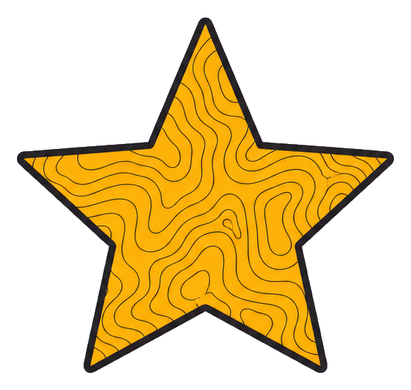 Yellow star sticker with black outline and topographic line pattern.