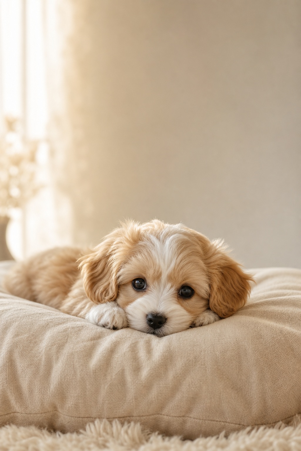 Sleepy golden puppy resting on a soft beige cushion near a bright window.