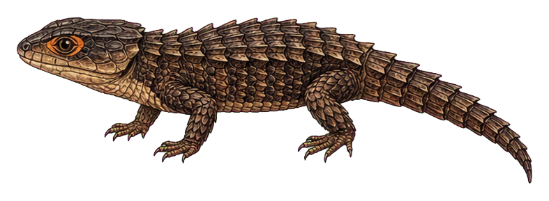 Vintage crocodile skink illustration with a long striped body and curled tail.