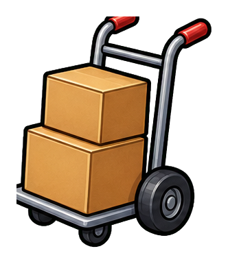 Sticker of a handcart carrying two stacked cardboard boxes