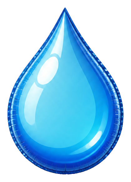 Glossy blue water droplet sticker with a bright highlight and rounded outline