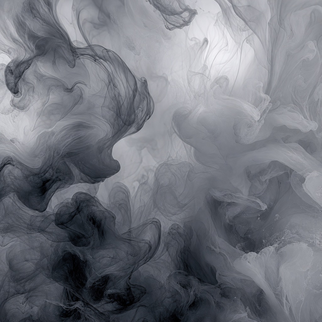 Grey and black monochrome ink wash with fluid abstract smoke-like swirls