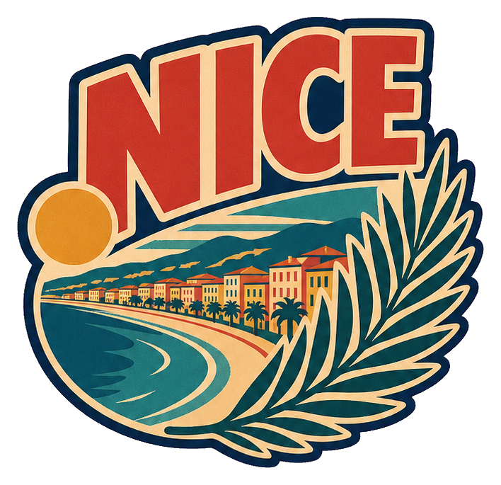 Retro Nice word art with a palm frond and seaside illustration