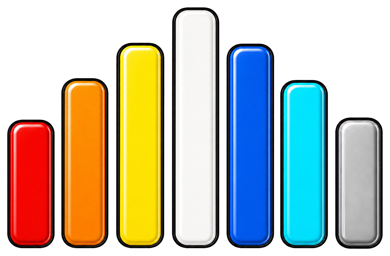Seven colorful vertical equalizer bars in red, orange, yellow, white, blue, cyan, and black
