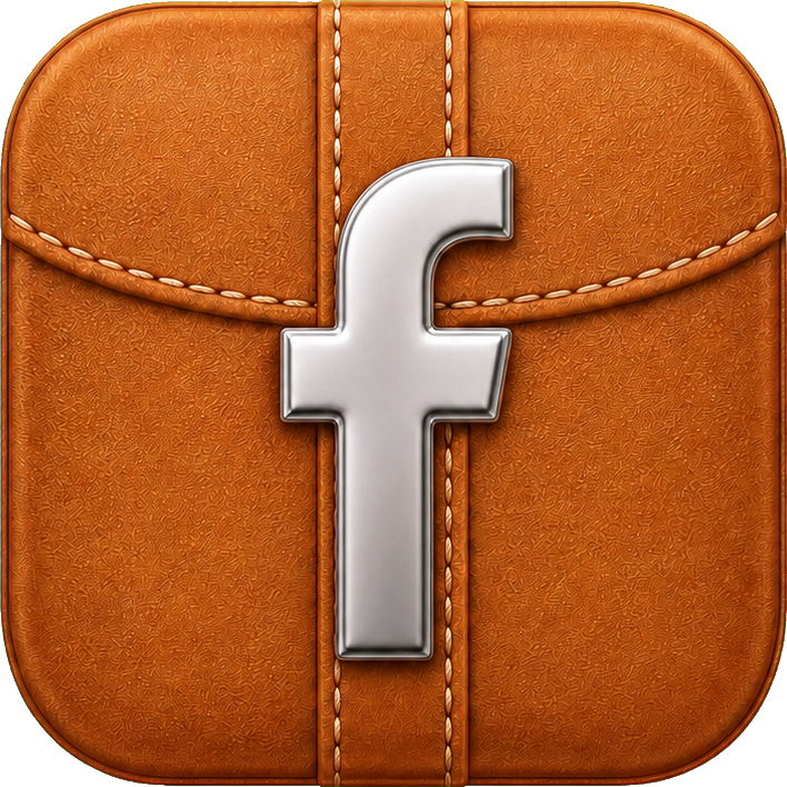 Caramel leather square icon with a metallic white lowercase f