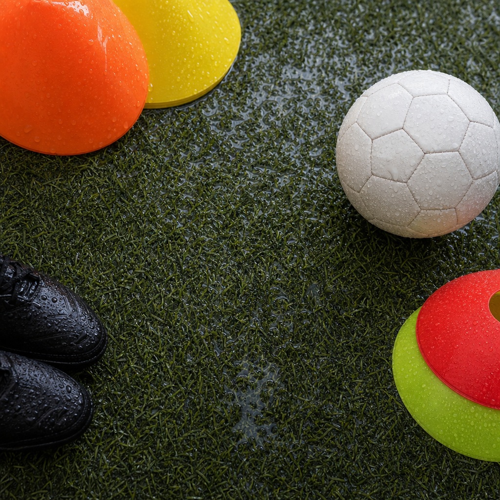 Soccer ball, training cones, and cleats arranged on a turf background