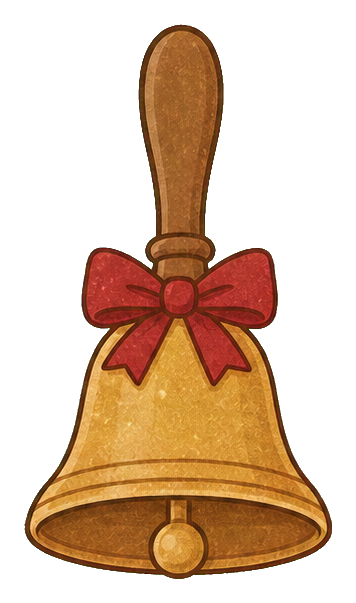 Muted gold bell with a red bow and long wooden handle