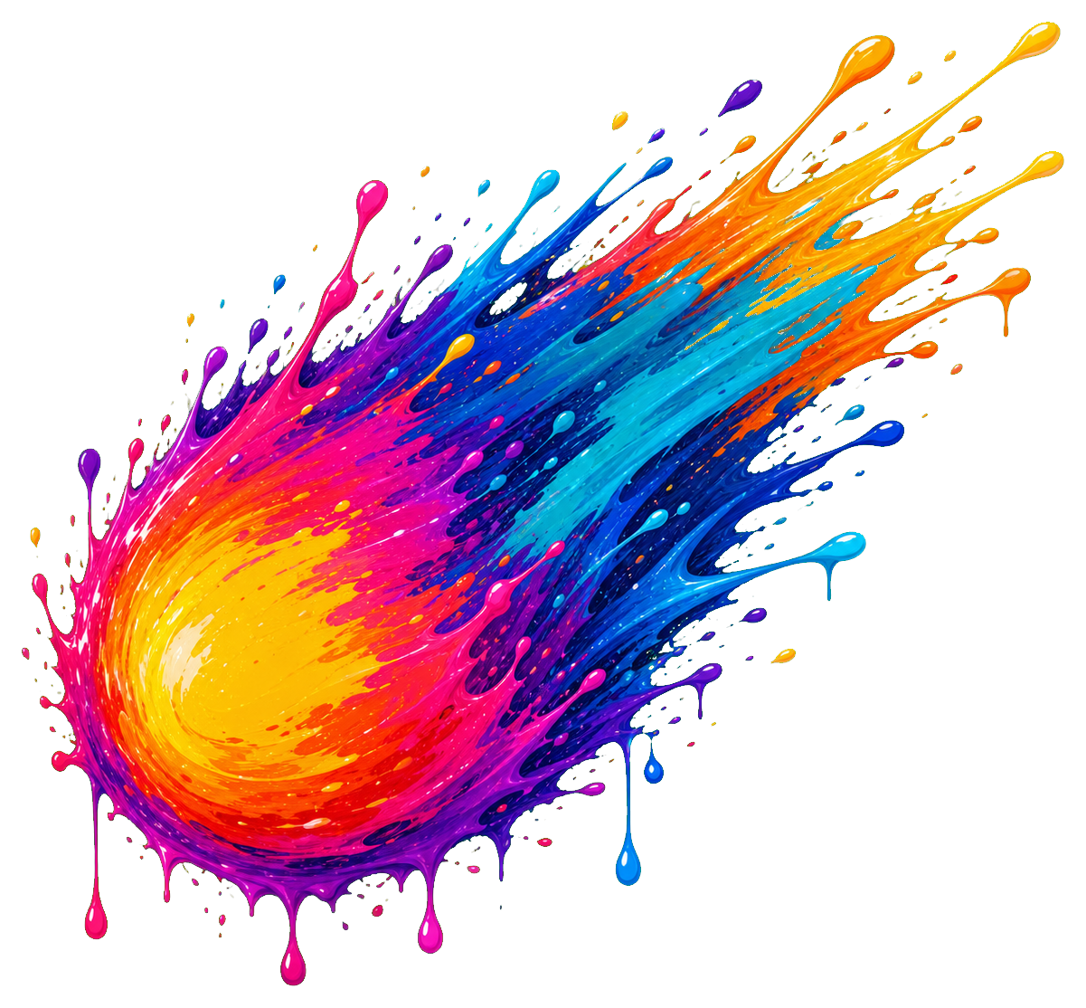 Bright paint comet with neon orange, pink, blue, and yellow drip streaks