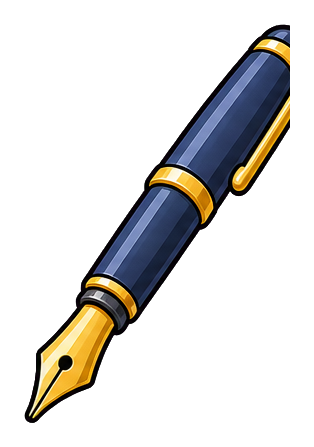 Blue and gold fountain pen sticker angled on a transparent background.