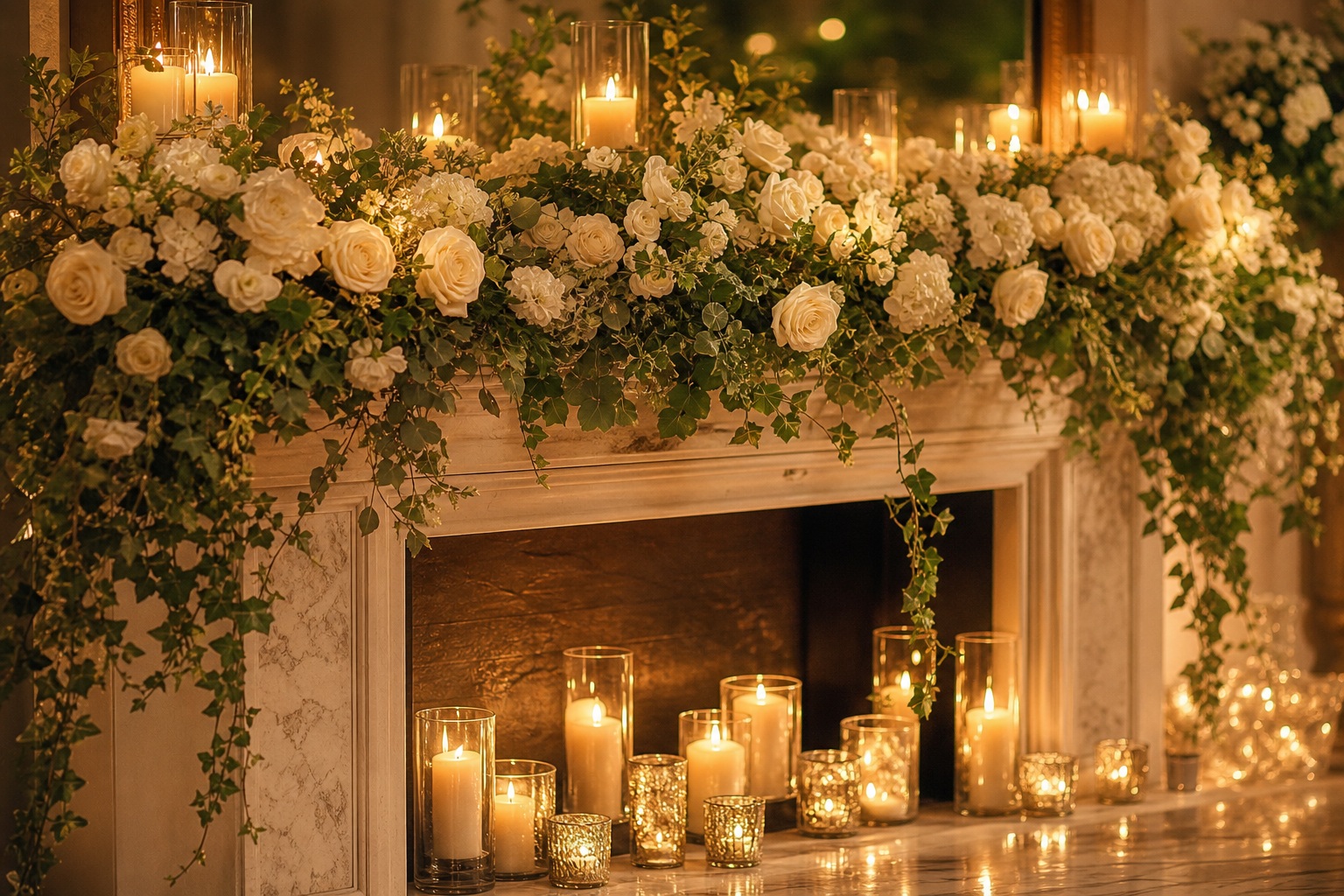 Candlelit floral mantel with ivory flowers and warm wedding decor