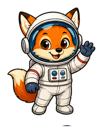 Cartoon fox in a white astronaut suit waving with a helmet and boots.