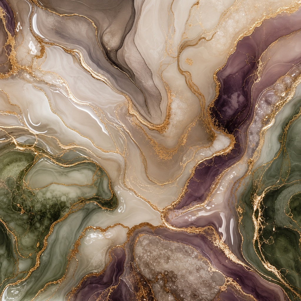 Abstract glossy mineral resin swirl with gold veining in gray, purple, and olive tones