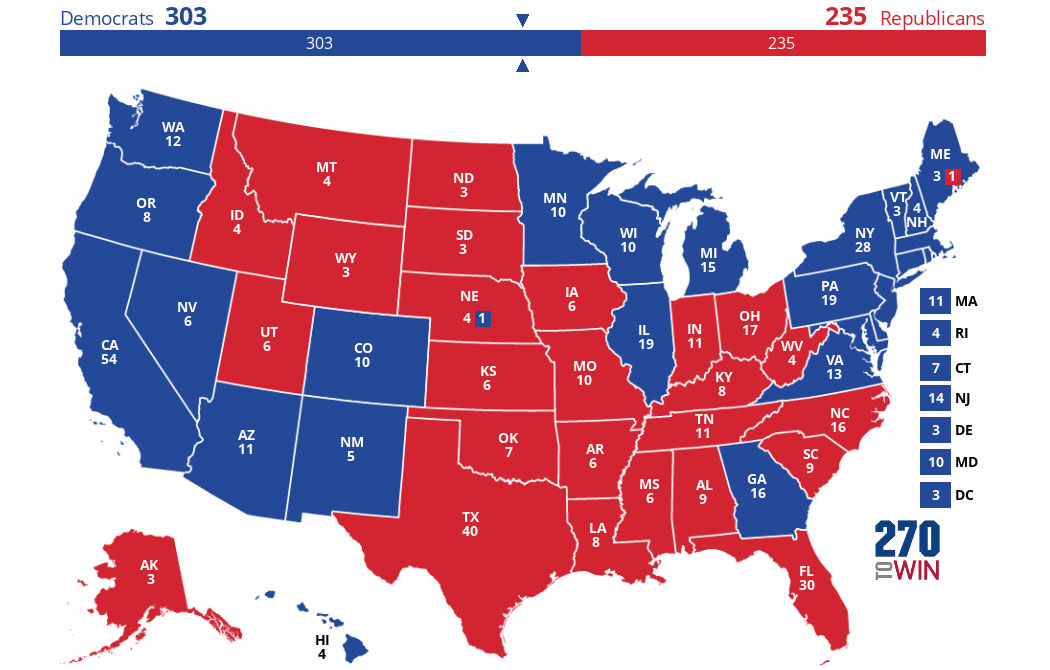 Red and blue US election map showing state results and electoral votes