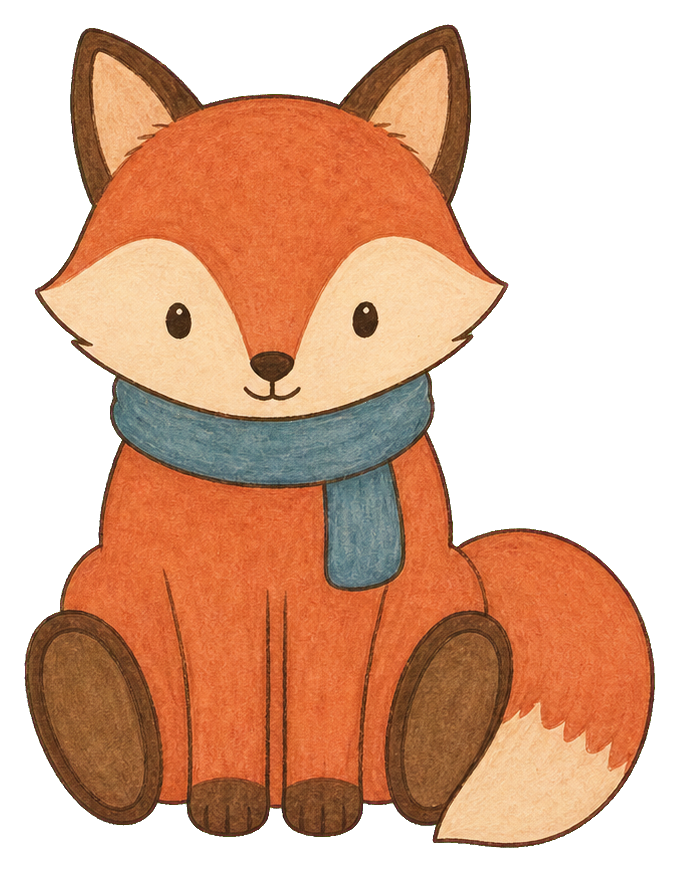 Orange fox wearing a dusty blue scarf, sitting with a curled tail and simple folk art style.
