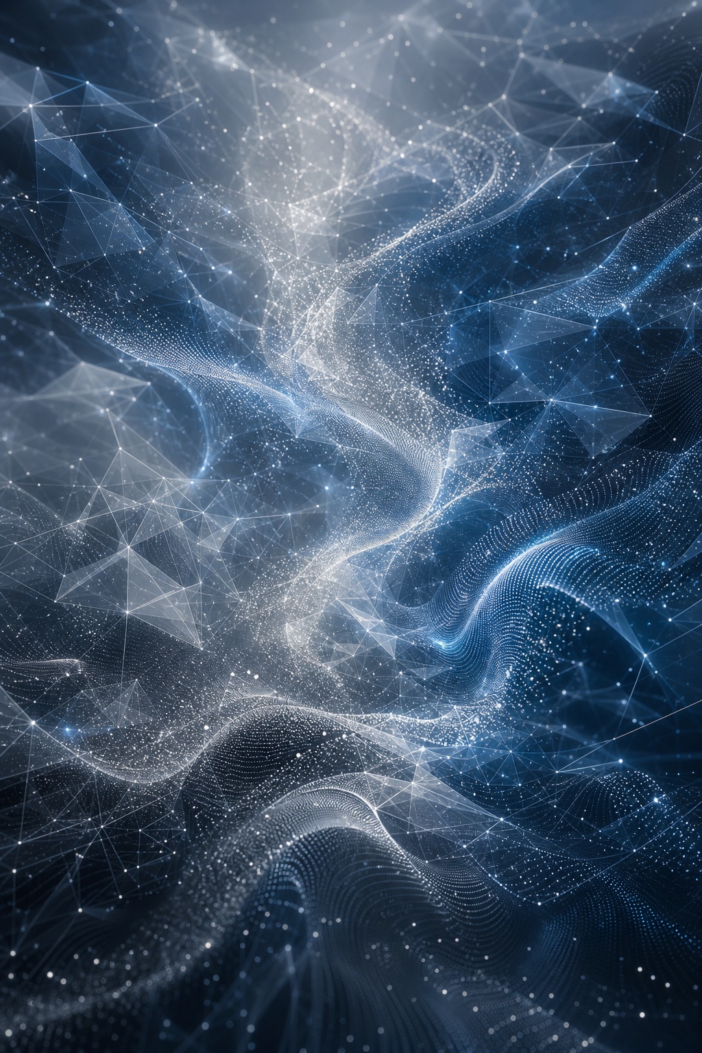 Silver blue abstract particles and lines forming a flowing futuristic network.
