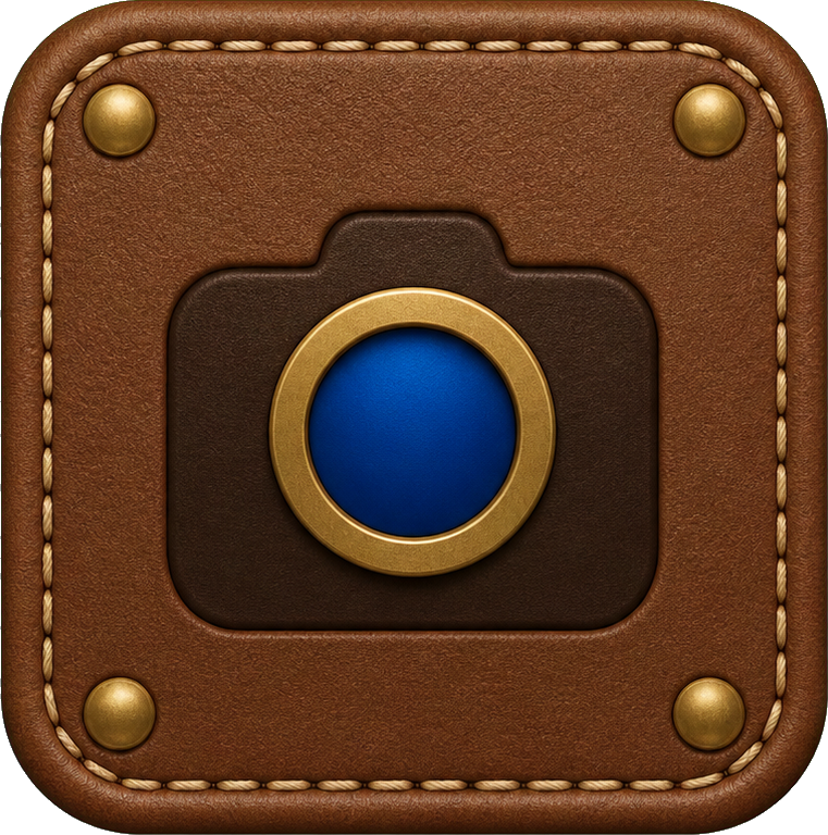 Brown leather-style square camera app icon with gold button details and blue lens center