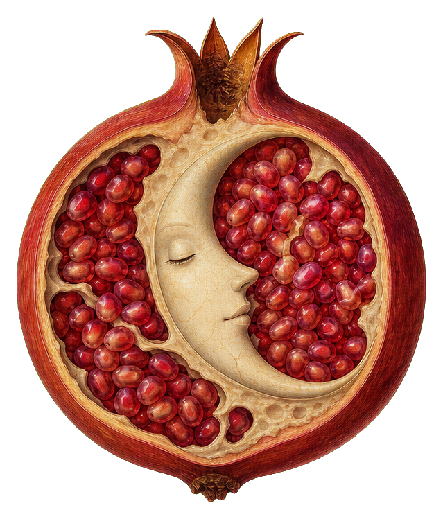 Surreal pomegranate shaped like a moon with a calm face in the center