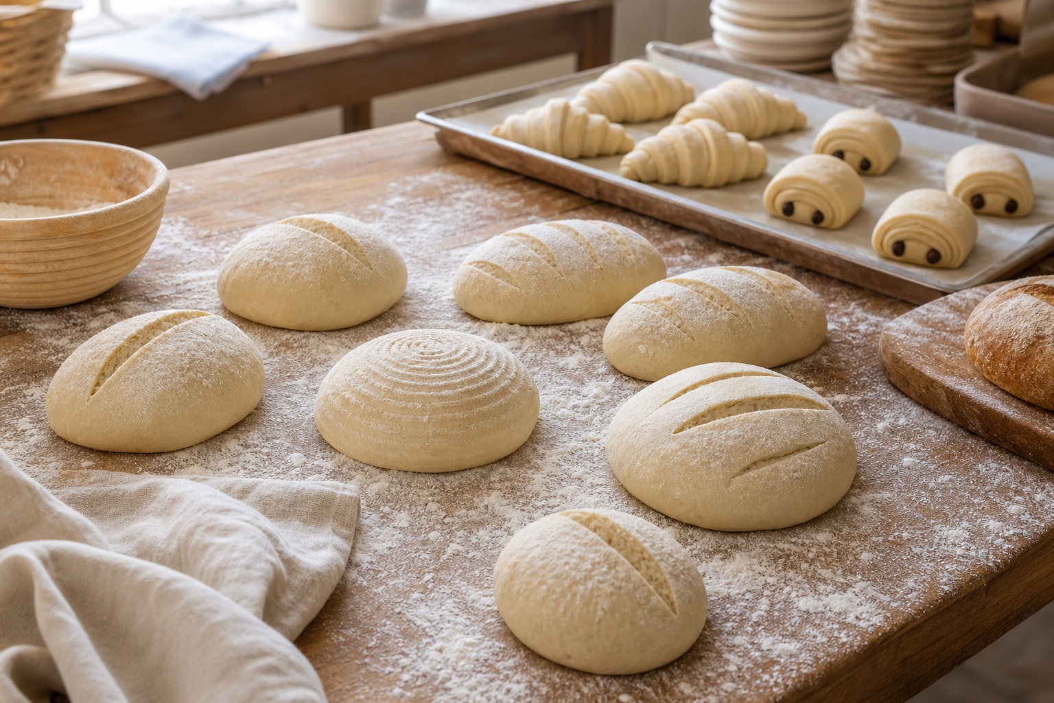 Flour-dusted dough rounds on a bakery bench with baskets and pastries in bright daylight.