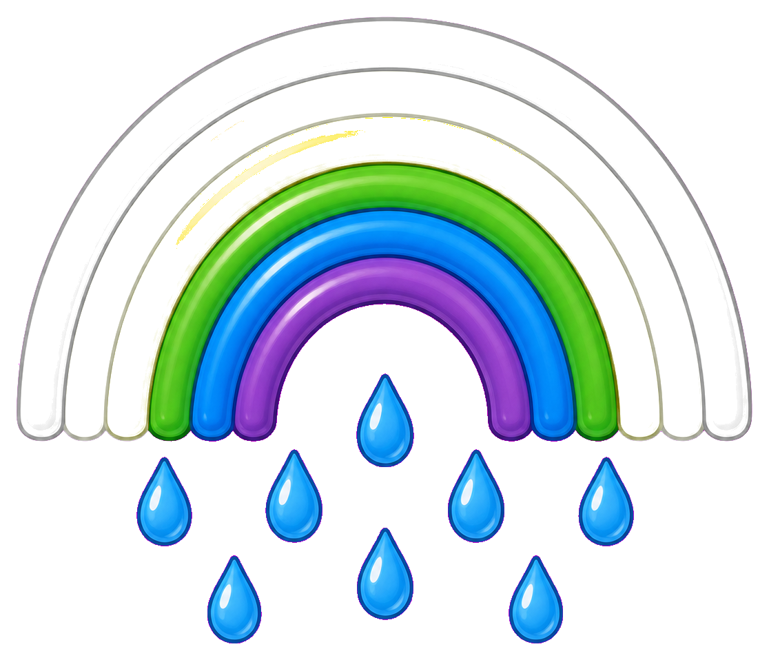 Colorful rainbow with blue raindrops falling below it