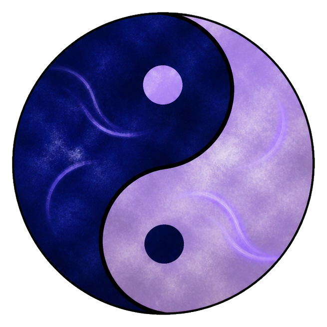 Celestial yin yang symbol with dark blue and lavender swirls and small circular dots.
