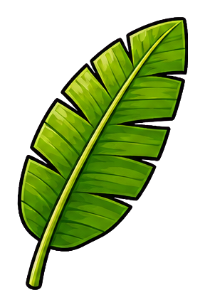 Bright green banana leaf sticker with a long stem and layered leaf sections