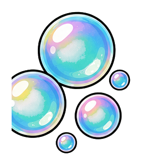 Four iridescent soap bubbles in a small clustered sticker graphic.