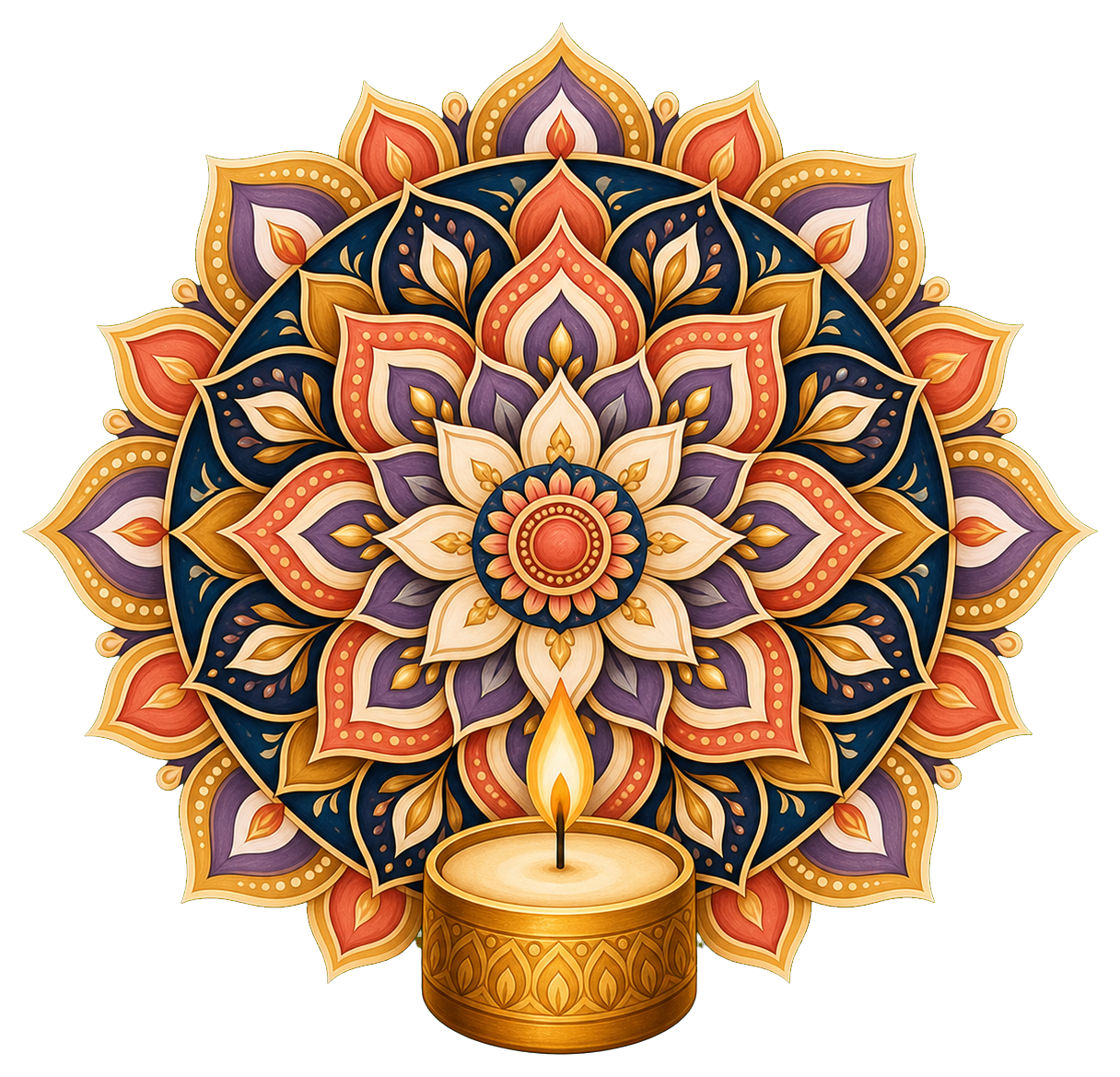 Ornate mandala candle with orange and gold floral patterns