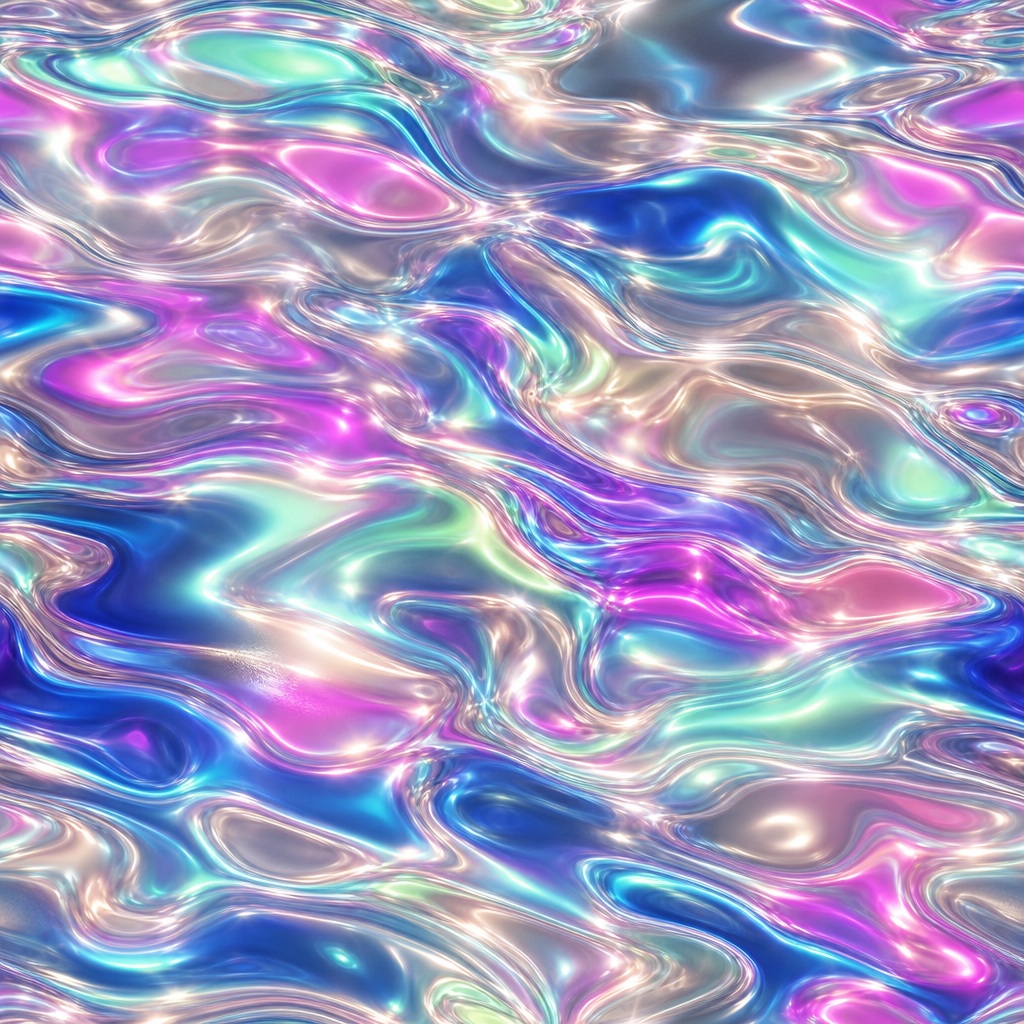 Abstract iridescent liquid chrome waves in pink, blue, gold, and silver tones