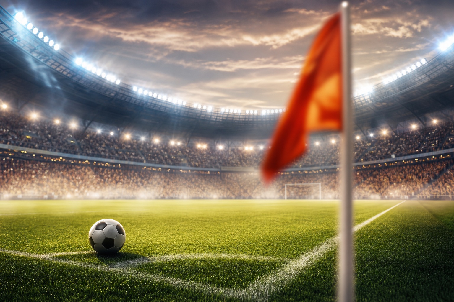 Soccer ball on green turf beside a corner flag in a lit stadium