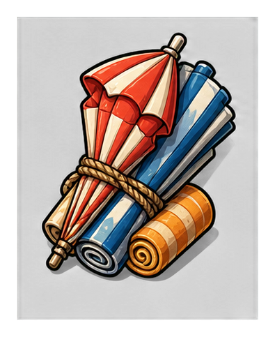 Bundle of folded beach umbrellas tied together with rope.
