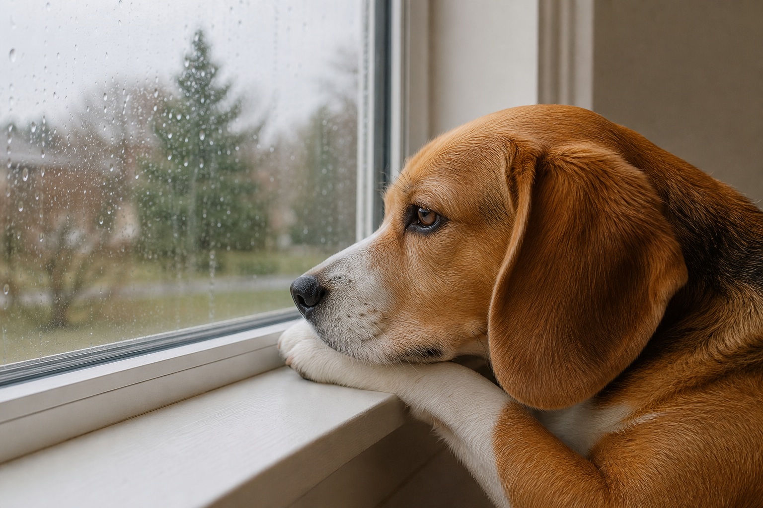 Brown dog resting its head on a windowsill and looking outside.