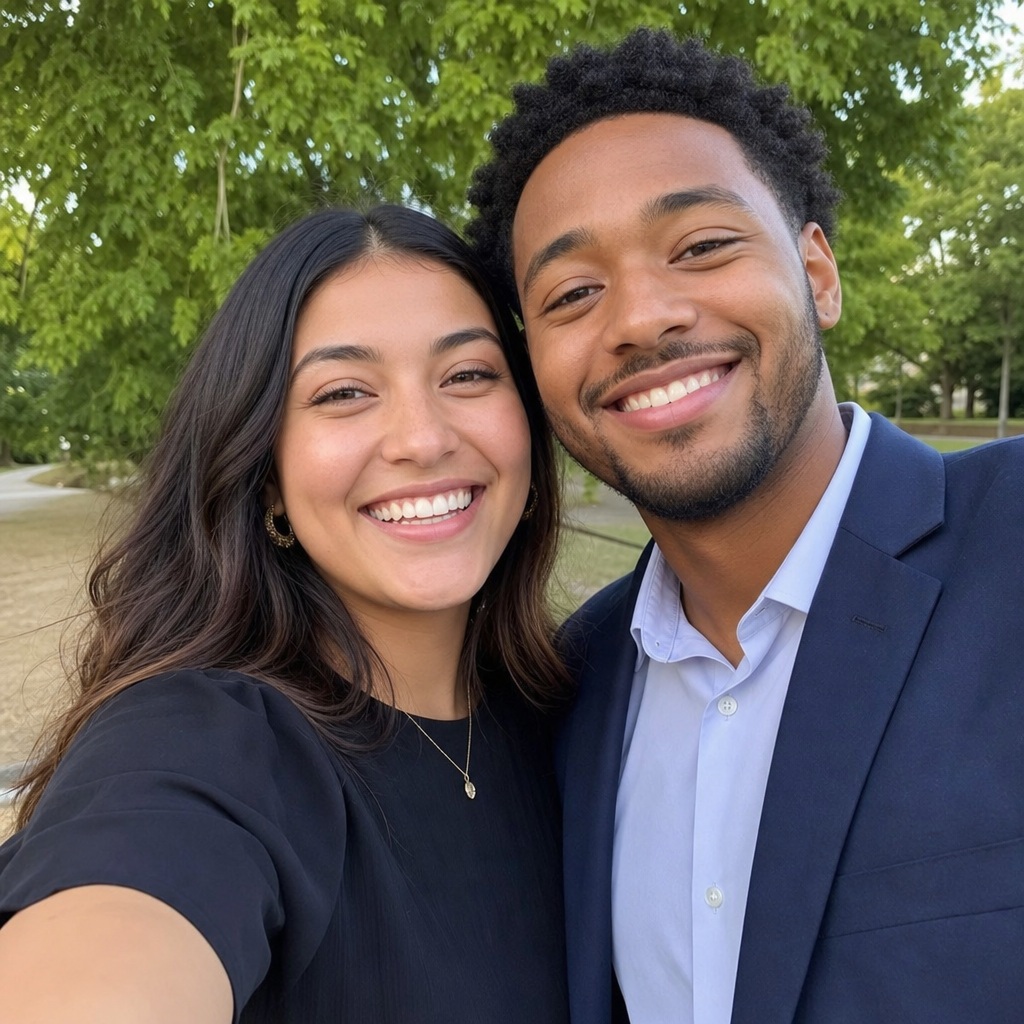 Smiling couple taking a close selfie outdoors near trees.