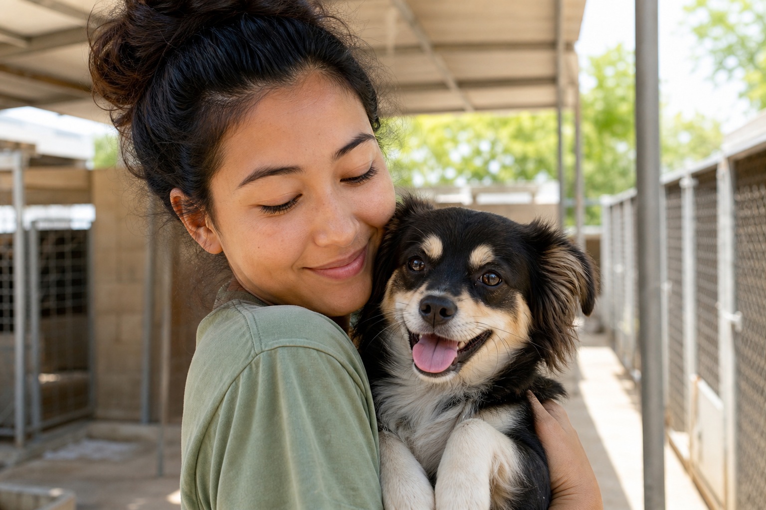 Woman holding a small dog in a sheltered indoor corridor