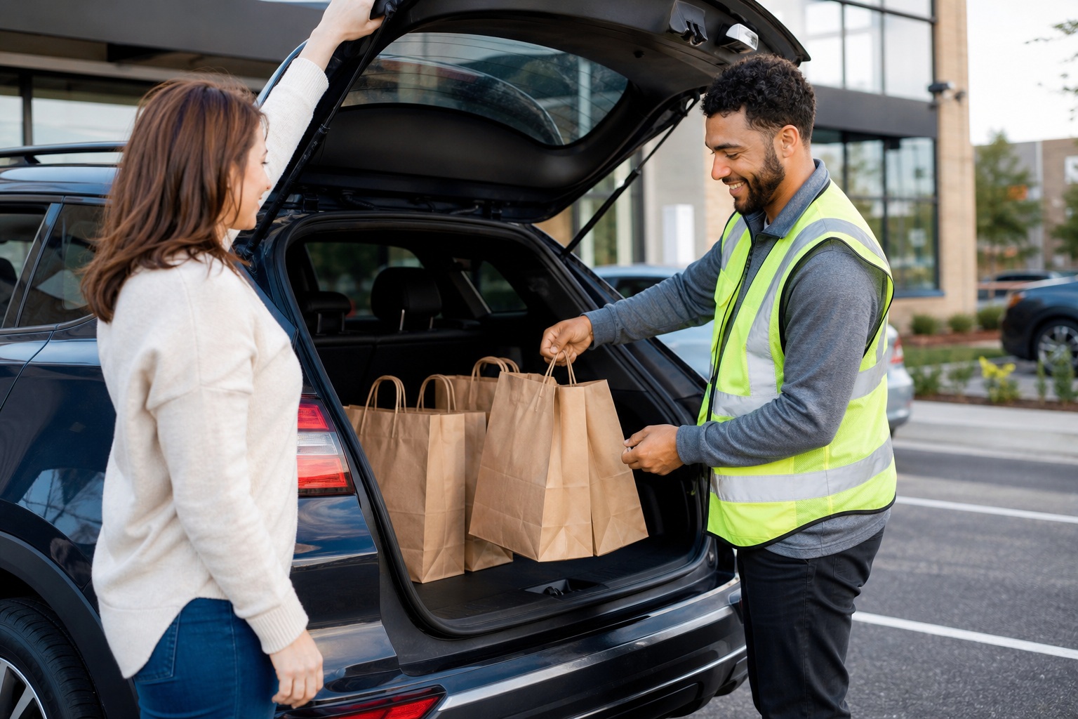 Delivery worker hands paper bags to a woman beside an open car trunk.