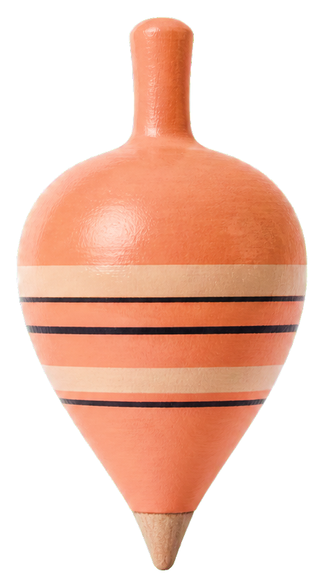 Peach wooden spinning top with striped banding and pointed tip.