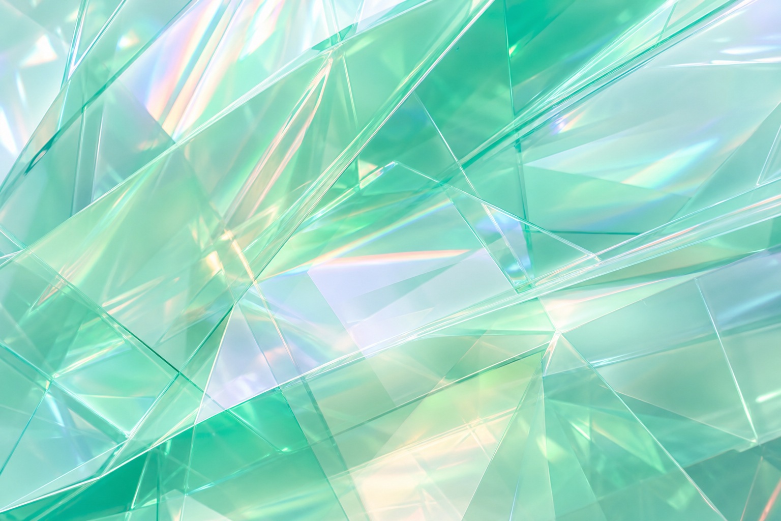 Abstract iridescent mint geometric surface with shimmering translucent facets