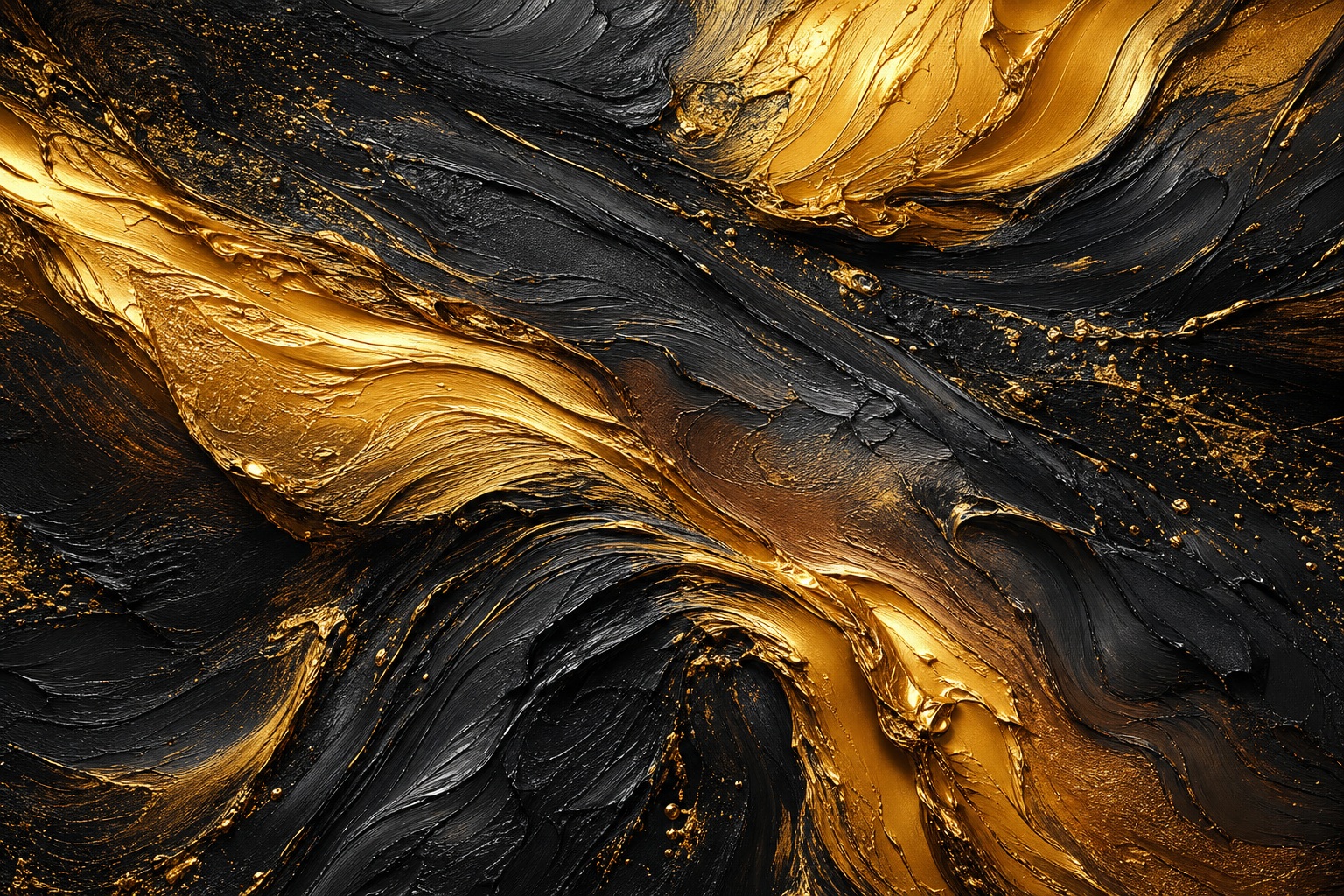 Abstract gold and black textured surface with thick flowing ridges and dark metallic swirls.