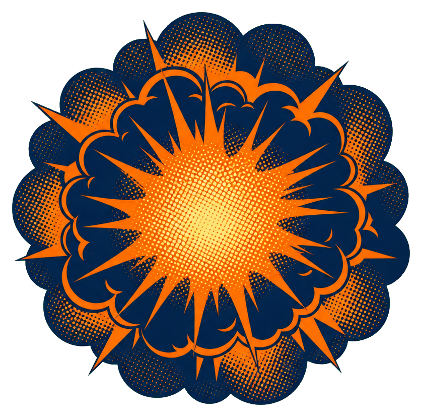 Navy and orange halftone explosion sticker with a bright center burst and jagged blast outline