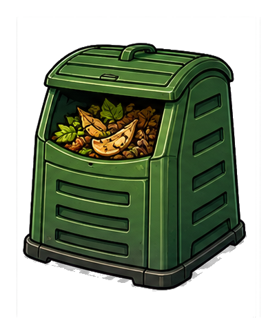 Green compost bin with an open top showing compost scraps inside