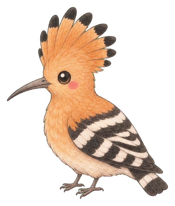 Cute orange hoopoe bird with raised crest and striped wings, facing left.